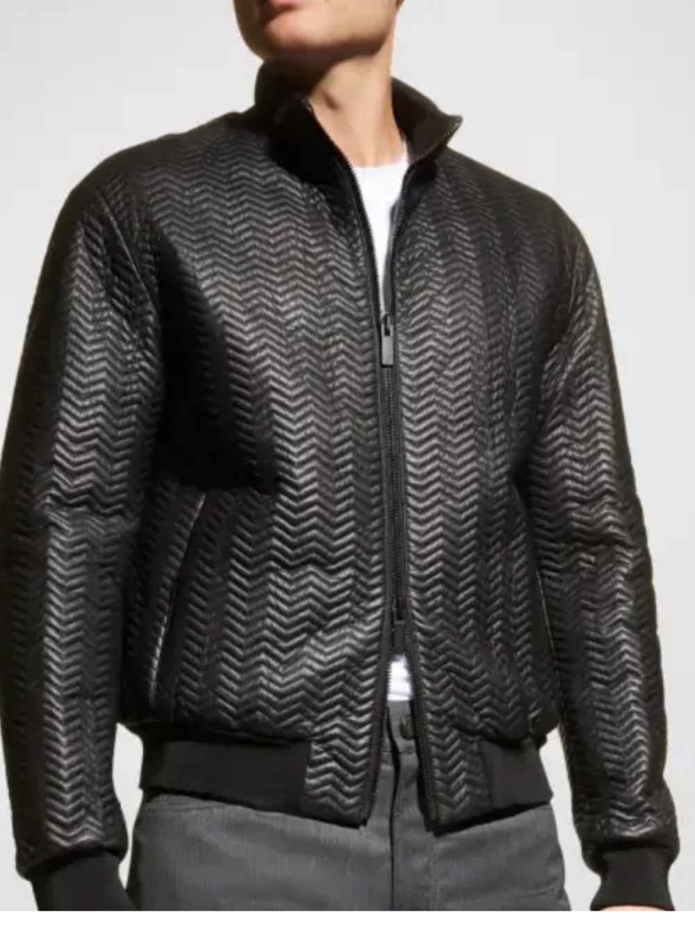 NWOT Emporio Armani Men's Lamb Leather Chevron Bomber Jacket Black